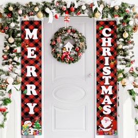 FINPAC Christmas Decorations Porch Banner, Outdoor Yard Front Porch Sign Set, Red Plaid Door Banner, Merry Christmas Hanging Banner Flag for Home Indoor Outdoor Xmas Decor Wall Front Door Yard Garage