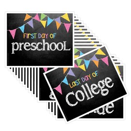 First Day & Last Day of School Photo Prop Signs, 8"x 10", Pastel Flags Chalkboard, 16-Grade: Preschool, Pre-K, Kindergarten, 1st-12th Grades to College