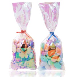 Ctoiotc Cellophane Bags,Cellophane Treat Bags, Iridescent Holographic Candy Bags, Clear Goodie Bags with 5 Colors Pieces Twist Ties for Birthday Party Favors, Easter, Weddings