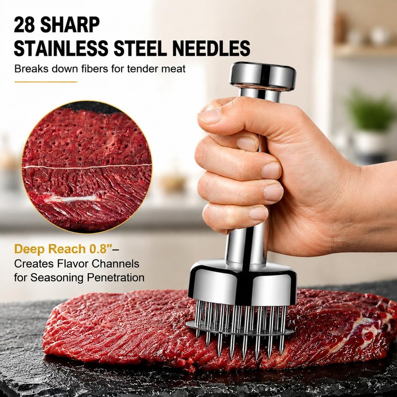 Meat Tenderizer Tool, with 28 Sharp Needles Retractable Safety Guard
