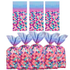 JEQUD 50pcs Mermaid Goodie Bags - Ocean Party Favor Bag, Little mermaid Cello Cellophane Gift Candy Treat Bags with 50Pcs Twist Ties for Kids Girls Mermaid Themed Birthday Party Supplies Favors