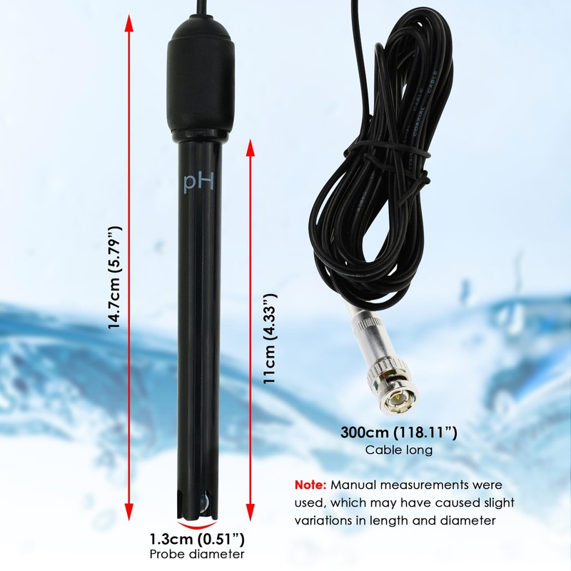 pH Electrode Probe with BNC Connector, 300cm Cable, 0-14 pH