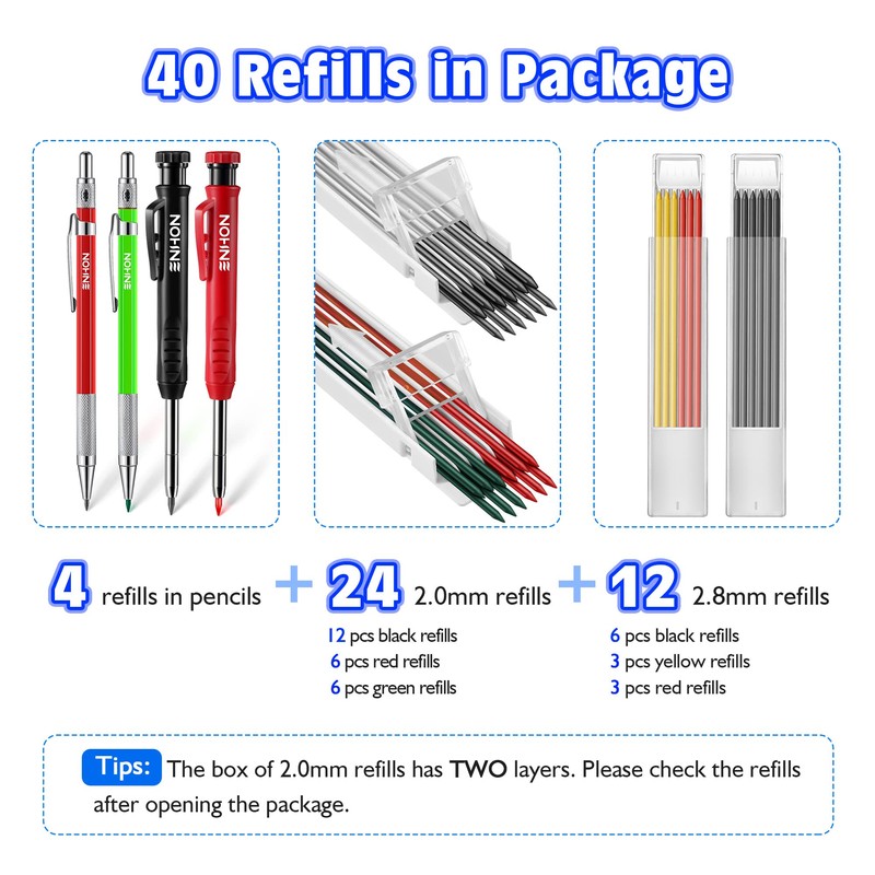 Carpenter Pencils Kit with 40 Refills, 4 Pcs Mechanical Colorful