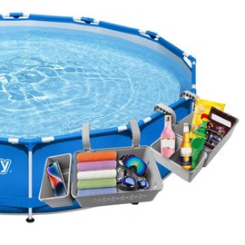 Above Ground Pool Storage Basket, Tesmirror Poolside Table Tray with Cup Holder Drink Holder for Outdoor Swimming Pool Side Accessories, Above Ground Pool Shelf Pool Deck, Fits 3 Inch or Less Top Rail
