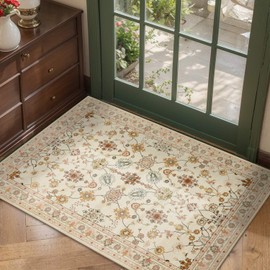 Rugxara Door Mat Floral Entryway Rug, Washable Samll 2x3 Rug, Boho Front Door Mat, Non Slip Area Rugs, Low Pile Throw Accent Carpet for Indoor Entrance, Bathroom and Kitchen(Apricot 2x3ft)