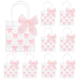 Whaline 24 Pcs Bow Coquette Clear PVC Gift Bags Pink Bowknot Daisy Flower Party Favor Bags with Handle Treat Tote Bags with Ribbon for Wedding Birthday Baby Shower