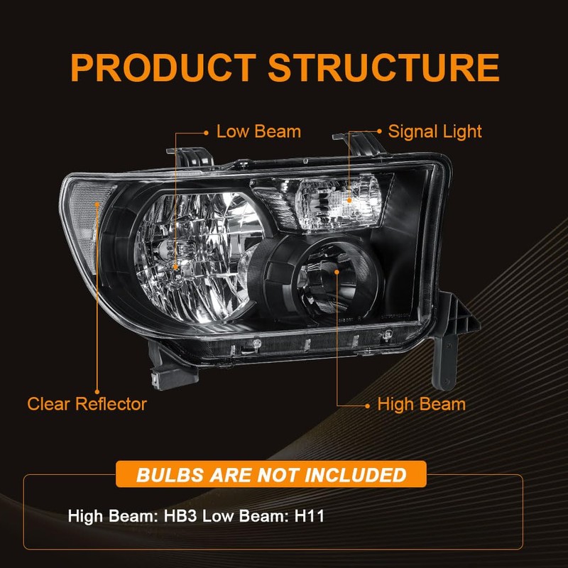 DimFlux Headlight Assembly, Compatible with 2007-2013 Toyota Tundra/2008-2017 Sequoia Replacement