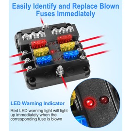 Telsitine 6 Way Fuse Box, 12V Blade Fuse Block, 6 Circuit with Negative Bus Waterproof Fuse Box Holder with LED Indicator for 12V/24V Automotive Golf Cart Truck Car Boat Marine RV Van Vehicle