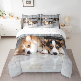 Erosebridal Corgi Dogs 7 Piece Comforter Set Full Bed in a Bag,Pup Dog Bedding Sets Cute Pet Animal Sheet Set with Comforter