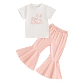 Big Sister Little Sister Matching Outfits Big Sister Shirt Plaid Bell Bottom Pants 2Pcs Set Infant Summer Clothes(D-Pink Big Sis,18-24 Months)