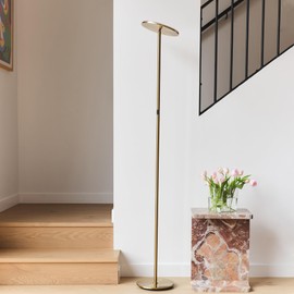 Brightech Sky LED Floor lamp for Living Rooms & Offices -Torchiere Super Bright , Dimmable, Tall Standing Lamp for Bedroom Reading - Gold Brass