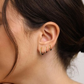 ZHESHY Gold Earrings Set Women's 3 Pairs 14K Gold-Plated Silver 925 Small Hoop Earrings Hanging Earrings with Zirconia Waterproof Hypoallergenic Golden Stud Multiple Piercings Jewellery for Women,