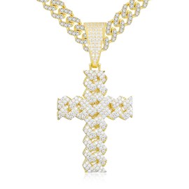 Ucciyo Gold Moissanite Cross Necklace for Men 8MM Iced Out Cuban Link Cross Pendant 925 Sterling Silver Cross Chain Necklace 2.7 Carat D Color VVS1 Christian Pendant