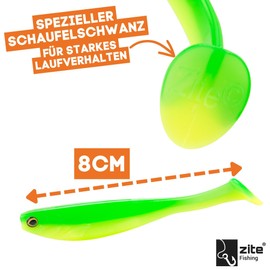 Zite Fishing InZite Pershad 8 cm - Rubber Bait for Pike Fishing - Bulbous Silhouette & Strong Tail Plate - 7 Pieces - Jig, Finesse & Offset Mounts Also Dropshot Fishing (Lime Bomb)