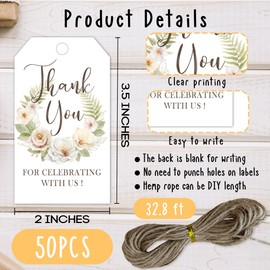 Floral Paper Gift Tags with String, 50Pcs Thank You for Celebrating with Us Tag, Gift Labels for Birthday Party Baby Bridal Shower Wedding Favor, Botanical Leaves Print-A18