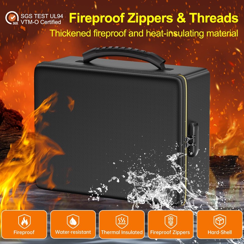 ENGPOW Fireproof Document Box,Hard Fireproof Box with Fireproof Zipper＆Lock,Fireproof Water