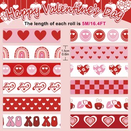Whaline 12 Rolls Boho Valentine’s Day Washi Tape Rainbow Love Heart Smile Washi Tape Red Pink Masking Decorative Gift Wrapping Paper Tape for DIY Craft Scrapbook Journal Party Supplies