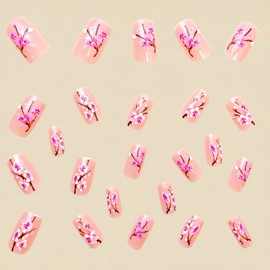Flower Press on Nails Square Fake Nails Short False Nails with Pink Floral Silver Glitters Design Glue on Nails Spring Acrylic Nails Full Cover Stick on Nails Reusable Nails for Women Manicure 24Pcs