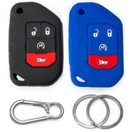 2-Pack Click&Fit Silicone Key Fob Covers Compatible with Jeep Wrangler Rubicon 2018-2024, Gladiator Sahara 2020-24 – Car Remote Key Shell Rubber Case Protectors, 4-Button, 68292944AA, Black and Blue