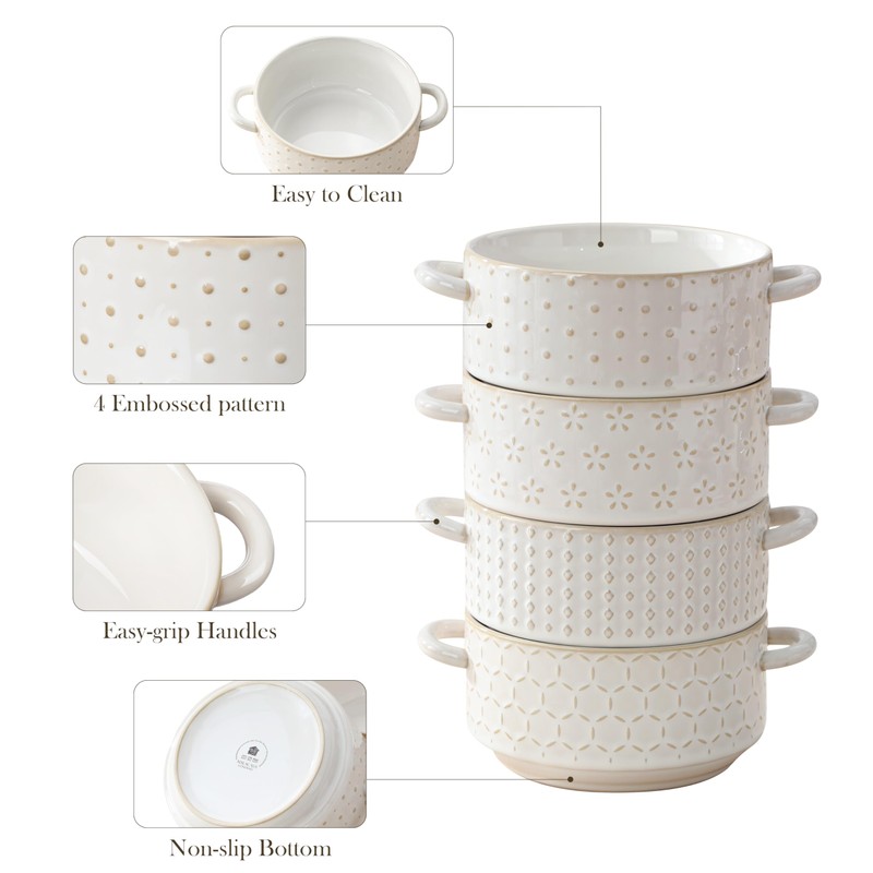 MALACASA 20 oz Ceramic Soup Bowls with Handles, Set of 4
