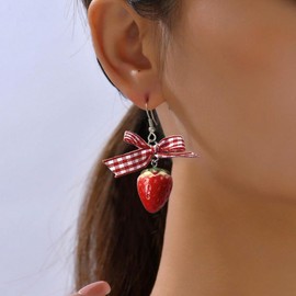 Strawberry Earrings Red Shortcake Bow Dangle Earrings for Women Fruit Drop Cute Jewelry Unique Fun Gifts for Women