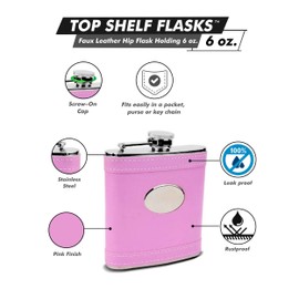 Faux Leather Hip Flask Holding 6 oz - Pocket Size, Stainless Steel, Rustproof, Screw-On Cap - Pink Finish Perfect for Engraving - Gift Box Included