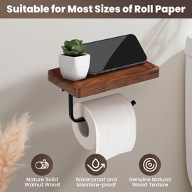 TOKCKYBL Toilet Paper Holder with Walnut Wood Shelf - Wall Mount & Self-Adhesive Bathroom Tissue Holder, Black Stainless Steel with Walnut Shelf for Phone - Home Apartment Restroom Decor Essentials