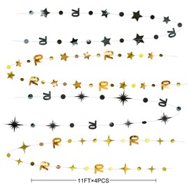 Black Gold 70th Birthday Decorations Number 70 Circle Dot Twinkle Star Garland Metallic Streamer Bunting Banner Backdrop for Women Mens Cheers to 70 Years Old Birthday 70th Anniversary Party Supplies