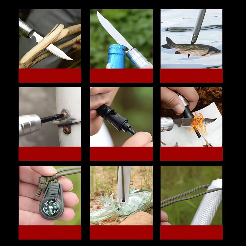 Military Style Folding Shovel, Multi-Function Camping Spade with Compass, Silver