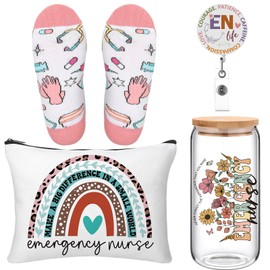 Skylety 5 Pcs ER Nurse Gifts for Women Set with 16 oz Glass Cup Socks Cosmetic Bag Badge Holder Thank You Emergency Nurse Appreciation Gift Box for Medical Party Nursing Day School Party Decorations