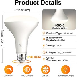 TJOY 12 Pack BR30 Led Bulb 65W Equivalent, Dimmable Flood Light Bulbs Indoor, E26 Base, 4000K Natural White, 9W, 800 LM, Recessed Lighting Bulbs for Ceiling, Recessed Can, Living Room and Kitchen