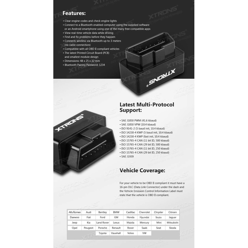 (OBD02) XTRONS OBD2 Bluetooth ELM327 Automotive Fault Diagnostic Device OBD2