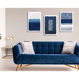 Creoate Blue Canavs Wall Art for Living Room Decor 3 Pieces Abstract Blue and White Painting Canvas Print Framed Artwork Set for Bedroom Decor Navy Blue Canvas Wall Decor, Ready to Hang, 16x24 Inch