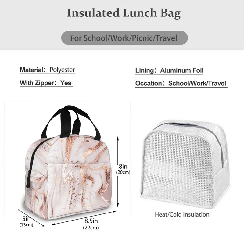 Lunch Bag Insulated Box Marble Painting with Rose Gold Glitter