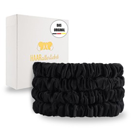 HAARallerliebst® 4er-Set 100% dünne Seide Scrunchie Haargummis mit Pappschachtel, Haargummi für jeden Tag, Haarpflege Scrunchies, ohne Haarschäden (schwarz, dünn)
