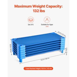 Happybuy Stackable Kiddie Cot, Set of 6. Portable Toddler Nap Cots. Standard Size 52" L x 23" W. Daycare Cots for Kids. Ideal for Sleeping, Resting and Naptime in Preschool Classroom. Blue Color