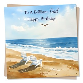 Happy Birthday Card For Dad - Beautiful Sandy Beach and Blue Sky Scene - To A Brilliant Dad Happy Birthday - Dad Birthday Card From Son, Daughter