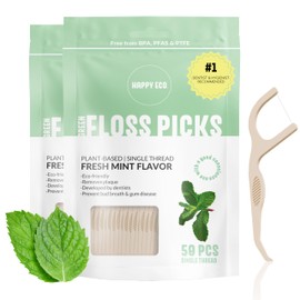 Floss Picks Biodegradable (100pcs) - Natural Dental Floss Picks, Vegan, Sustainable, Reusable, Shred Resistant and Nontoxic Plant-Based Material - Single Thread Mint