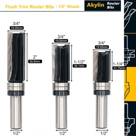 3PCS Flush Trim Router Bits, 1/2 Shank, Top Bearing Plunge Template Bit, 1-1/4",1-1/2" , 2" Cutting Length, Work for Flush Trimming, Making Duplicate Parts for Veneer or Laminates