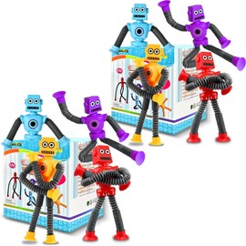Robot Sensory Travel Toys 8Pcs for Toddlers Kid Boy Year Old Ages 3 4 5 6 7 8 9, Airplane Activities Suction Autism Pop Tube Fidget Toys Autistic Stocking Easter Basket Stuffer Valentine Gift for Kids