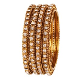 Touchstone "Golden Bangle Collection Indian Bollywood Fine Workmanship Peeled Metal White Rhinestones Designer Jewelry Thick Bangle Bracelets Set Of 4 For Women in Antique Gold Tone