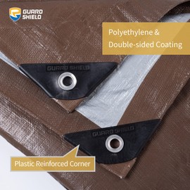 GUARD SHIELD Tarps Heavy Duty Waterproof 20x20 Feet Brown/Bright Silver Poly Tarp Cover Square Outdoor Thick UV Resistant Tarpaulin with Grommets 10mil