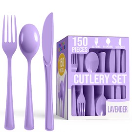 Party Solids Lavender Plastic Silverware Heavy Duty 150 Pieces Lavender Disposable Silverware Heavy Duty, Utensil Sets, 50 Of Each Forks, Knives & Spoons Disposable Cutlery Set For Party Supplies