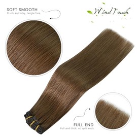Extensiones de cabello con clip WindTouch, cabello humano real, castaño claro, 18 pulgadas, 75 g, 7 unidades, color castaño n.° 6, para mujeres.