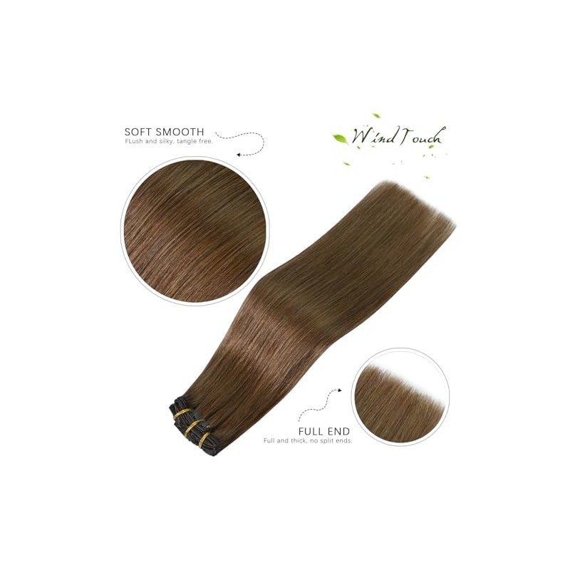 Extensiones de cabello con clip WindTouch, cabello humano real, castaño