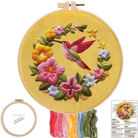 FONNUY Embroidery Kit for Beginners, Hummingbird Flowers Pre-Stamped Pattern Kits for Adults with Hoop, Easy to Follow Color Thread Needlework, 8'' Hoop (Yellow)