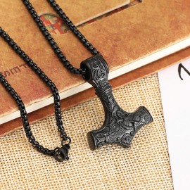 PiercingJak Men's Stainless Steel Viking Necklace, Thor’s Hammer, Viking’s Mjölnir Chain, Celtic Knot, Nordic Pendant, Silver/Black/Gold, Stainless Steel, black