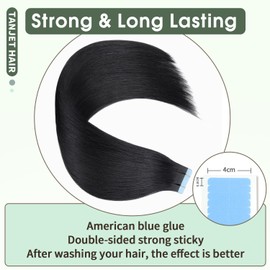 TANJET Tape in Human Hair Extensions 18 Inch Jet Black Straight Seamless Invisible Skin Weft Thick Soft Silky Jet Black Human Hair Extensions Tape in (#1 18 Inch 50g/Pack 20pcs)
