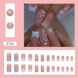 Glitter Square Press on Nails Medium Length French Tip Press on Nails Heart Gradient Deigns,Glossy Pink Fake Nails with Rhinestones Reusable Stick on Nails Medium French Nails Glue on Nails 24 Pcs