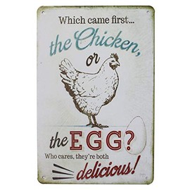 Happy Chickens, Hen Metal Sign Plate, Vintage Poster Plaque Kitchen Home Village Wall Decor (Chicken and Egg)